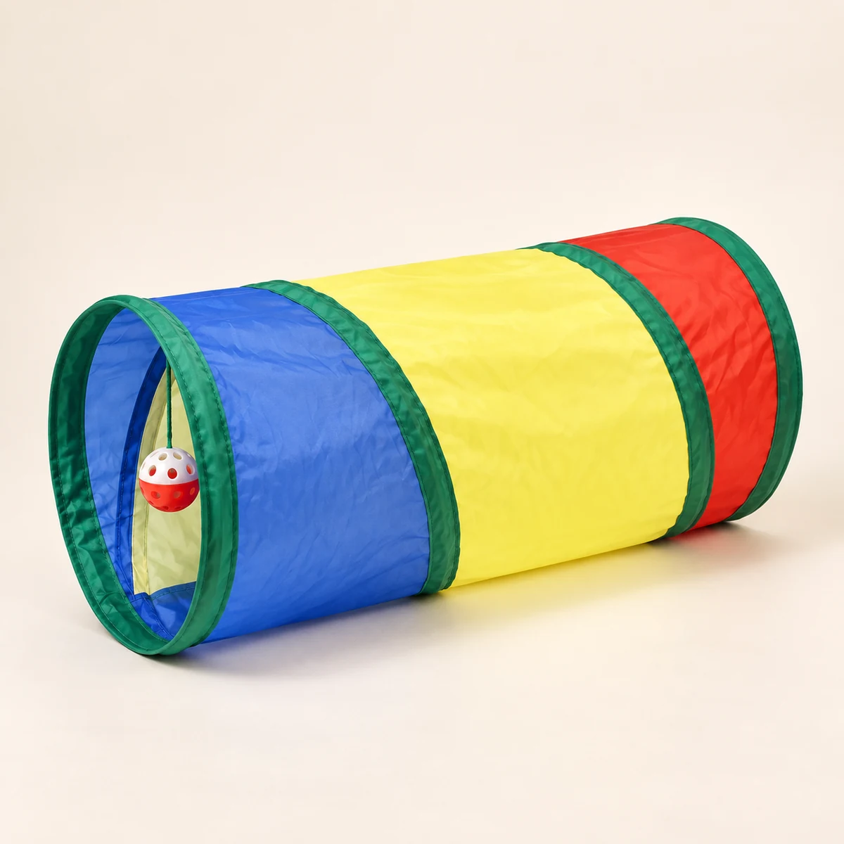 The complete blue, yellow and red play tunnel with green rings and its attached ball.