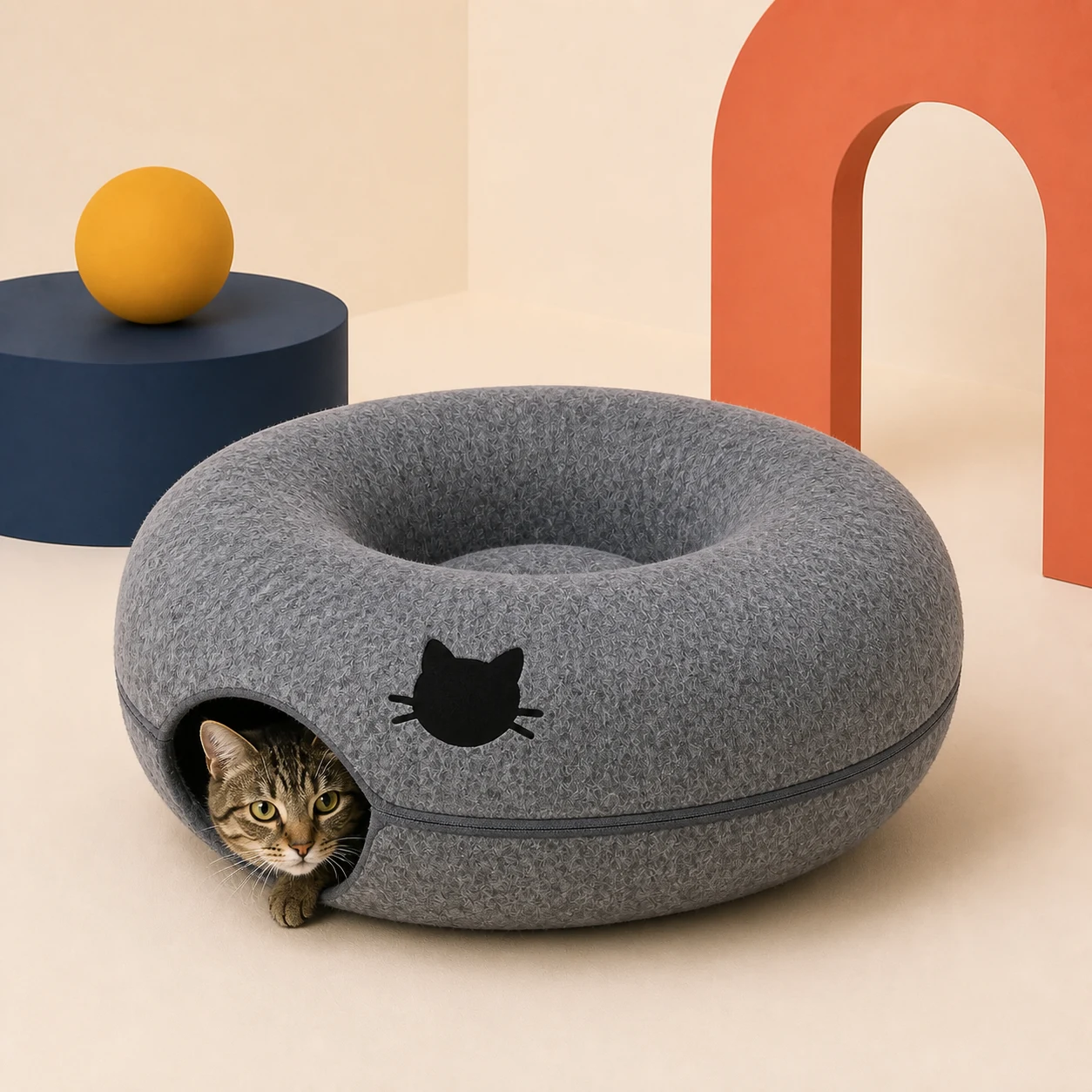 Tabby cat peeking through a dark-gray PETEE donut tunnel bed