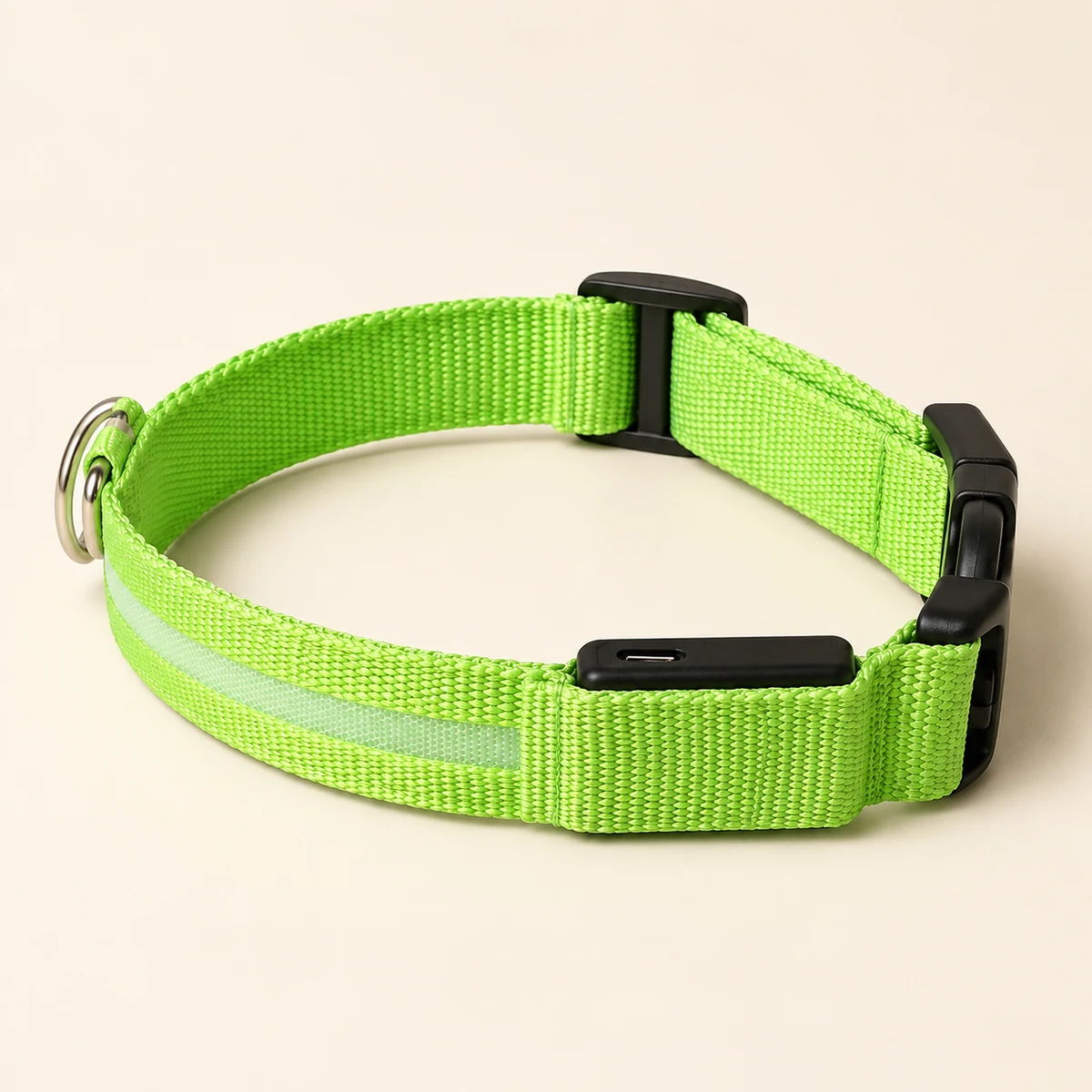 Green Glow Walk Collar in a complete closed loop, showing its light strip and black fittings.